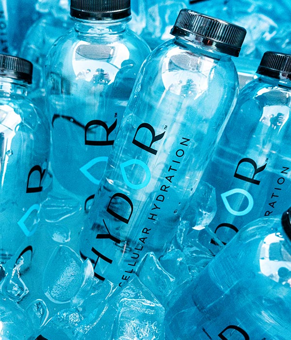 Hydor cellular hydration water bottles in ice ready for consumption.